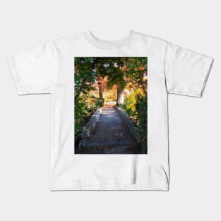 Magic Fairy Autumn Stone Bridge Leaves red yellow orange and green nature pretty delicate foliage Kids T-Shirt